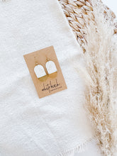 Load image into Gallery viewer, SALE - White and Gold Fleck Leather & Mini Brass Half Moon Geometric Earrings