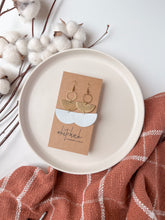 Load image into Gallery viewer, White Saffiano Leather & Brass Stacked Half Moon Dangle Earrings
