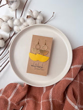 Load image into Gallery viewer, Saffiano Yellow Leather & Brass Stacked Half Moon Dangle Earrings