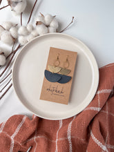 Load image into Gallery viewer, *SALE* Navy Blue Leather & Brass Stacked Half Moon Dangle Earrings
