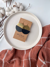 Load image into Gallery viewer, Large Black Leather & Brass Half Moon Stacked Statement Earrings