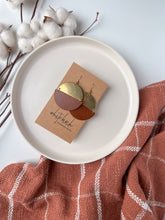 Load image into Gallery viewer, Large Brown Leather & Brass Half Moon Stacked Statement Earrings