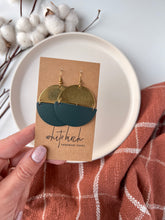 Load image into Gallery viewer, Large Dark Teal Leather & Brass Half Moon Stacked Dangle Earrings