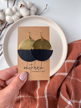 Load image into Gallery viewer, Large Black Leather & Brass Half Moon Stacked Statement Earrings