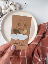 Load image into Gallery viewer, White Saffiano Leather & Brass Stacked Half Moon Dangle Earrings