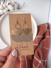 Load image into Gallery viewer, Taupe Leather & Brass Stacked Half Moon Dangle Earrings