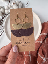 Load image into Gallery viewer, *SALE* Dark Purple Leather & Brass Stacked Half Moon Dangle Earrings