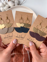 Load image into Gallery viewer, Taupe Leather & Brass Stacked Half Moon Dangle Earrings