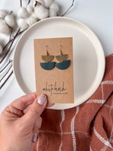 Load image into Gallery viewer, Mini Dark Teal Leather Half Moon and Brass Earrings
