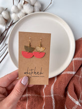 Load image into Gallery viewer, Mini Coral Leather Half Moon and Brass Earrings