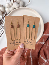 Load image into Gallery viewer, Distressed Teal Leather & Brass Oval Accent Earrings