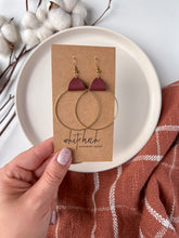 Load image into Gallery viewer, Burgundy Leather & Brass Circle Earrings