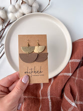 Load image into Gallery viewer, Bruma Brown Leather & Brass Half Moon Stacked Dangle Earrings