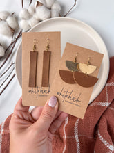 Load image into Gallery viewer, *SALE* Wild Whiskey Brown Leather & Brass Half Moon Stacked Dangle Earrings