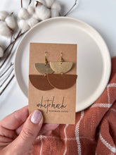 Load image into Gallery viewer, *SALE* Wild Whiskey Brown Leather & Brass Half Moon Stacked Dangle Earrings