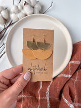 Load image into Gallery viewer, Distressed Tan Leather & Brass Half Moon Stacked Dangle Earrings
