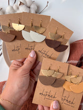 Load image into Gallery viewer, Distressed Tan Leather & Brass Half Moon Stacked Dangle Earrings