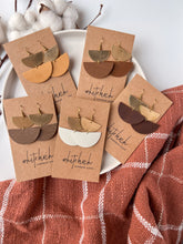 Load image into Gallery viewer, Bruma Brown Leather & Brass Half Moon Stacked Dangle Earrings