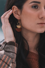 Load image into Gallery viewer, Mini Brown Leather & Brass Stacked Half Moon Dangle Earrings