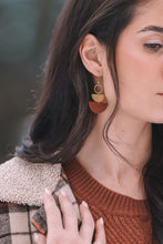 Load image into Gallery viewer, Mini Brown Leather & Brass Stacked Half Moon Dangle Earrings