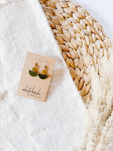 Load image into Gallery viewer, Small Green Leather Half Moon Earrings With Brass Tiny Disc Accent