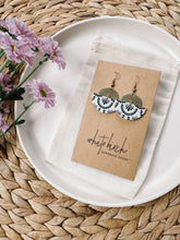 Load image into Gallery viewer, White and Black Cork & Brass Half Moon Stacked Dangle Earrings