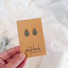 Load image into Gallery viewer, Mini Sage Green Leather Teardrop & Brass Stud Drop Earrings