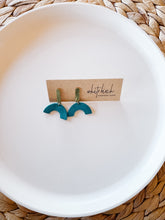 Load image into Gallery viewer, *SALE* Ocean Teal Leather Arc Earrings with Gold Post Stud