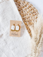 Load image into Gallery viewer, SALE - White and Gold Fleck Leather & Mini Brass Half Moon Geometric Earrings