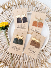 Load image into Gallery viewer, Distressed Dark Green Leather and Brass Earrings