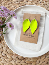 Load image into Gallery viewer, Highlighter Yellow Leather Leaf Earrings