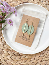 Load image into Gallery viewer, Cottage Mint Leather Petal and Brass Bar Earrings