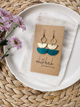 Load image into Gallery viewer, Mini Ocean Teal Leather & Brass Stacked Half Moon Dangle Earrings