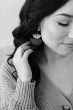 Load image into Gallery viewer, Rootbeer Leather & Light Cherry Wood Half Moon Stacked Dangle Earrings