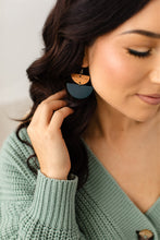 Load image into Gallery viewer, Dark Teal Leather & Light Cherry Wood Half Moon Stacked Dangle Earrings