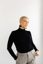 Load image into Gallery viewer, Large Black Leather & Brass Half Moon Stacked Statement Earrings