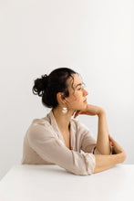 Load image into Gallery viewer, Mini Beige Leather & Brass Stacked Half Moon Dangle Earrings