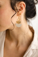 Load image into Gallery viewer, Mini Beige Leather & Brass Stacked Half Moon Dangle Earrings