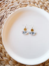 Load image into Gallery viewer, *SALE* Terrazzo Leather Small Half Moon & Tiny Brass Disc Earrings With Raw Brass Hooks