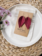Load image into Gallery viewer, Raspberry Braided Leather Leaf Earrings