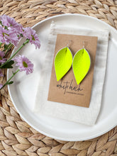 Load image into Gallery viewer, Highlighter Yellow Leather Leaf Earrings