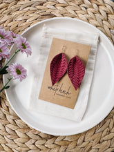 Load image into Gallery viewer, Raspberry Braided Leather Leaf Earrings