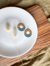 Load image into Gallery viewer, Distressed Camel & Silver Pine Teal Leather Eclipse Statement Earrings