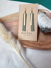 Load image into Gallery viewer, Army Green Leather Earrings with Rectangle Brass Bar Accent