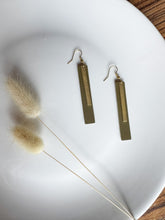 Load image into Gallery viewer, Army Green Leather Earrings with Rectangle Brass Bar Accent