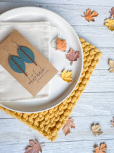 Load image into Gallery viewer, Silver Pine Teal Leather Petal and Silver Bar Earrings
