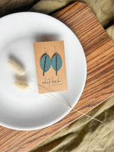 Load image into Gallery viewer, Silver Pine Teal Leather Petal and Silver Bar Earrings