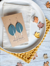 Load image into Gallery viewer, Silver Pine Teal Leather Petal and Silver Bar Earrings