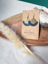 Load image into Gallery viewer, Night Sky Navy Leather Fan & Brass Disc Earrings