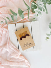 Load image into Gallery viewer, Merlot Leather Arc & Brass Half Moon Earrings